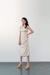 Silk Midi Dress with Draped Bodice and Adjustable Tie Shoulder Straps